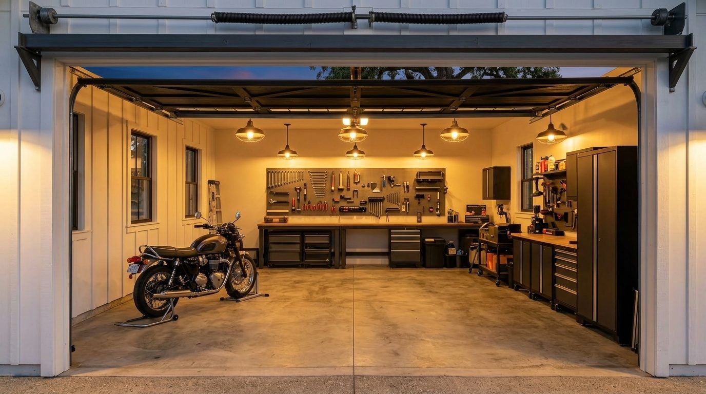 Barbeau Garage Door Service Interior View of Custom Garage Door Overhead and Workshop